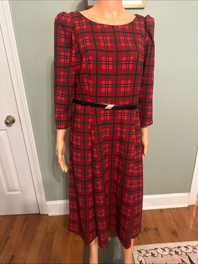 Calvin Klein Red and Black Plaid Long Sleeve Midi Dress with Belt
